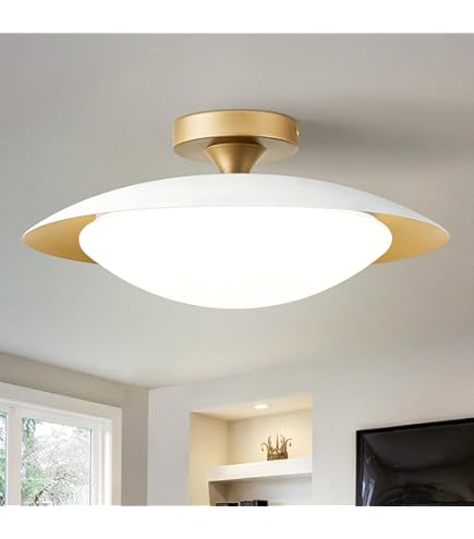 Dimmable Modern Mid-Century Ceiling Light, White and Gold LED Semi